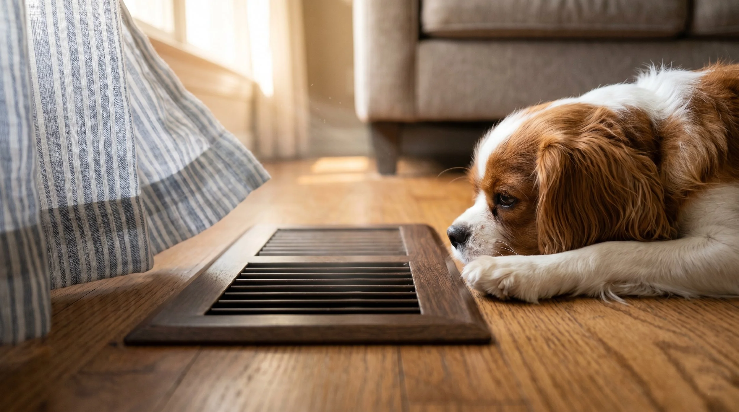 dog enjoys cool air coming from floor vent