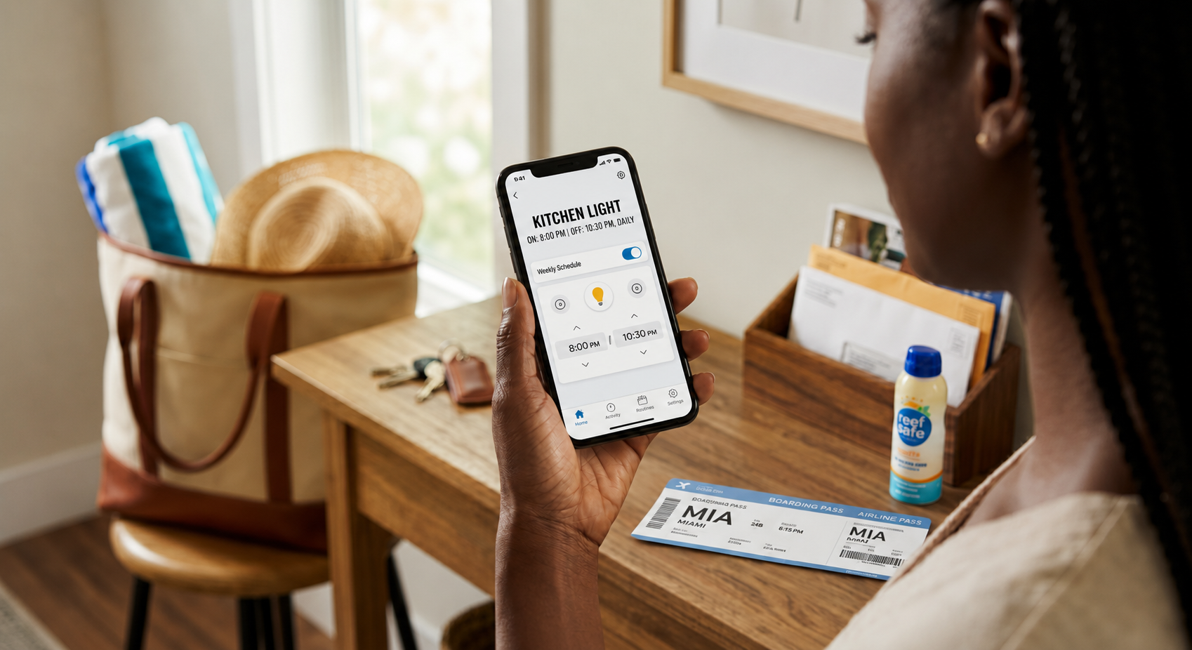 woman checks smart home app before departing for summer vacation
