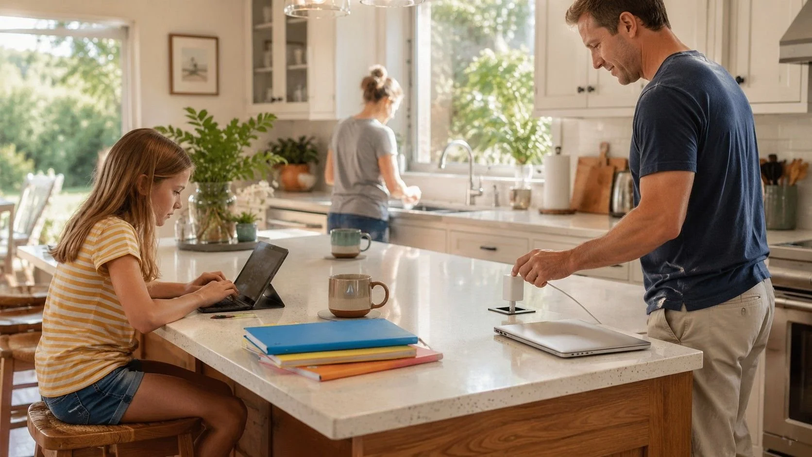 family in kitchen using electronics, electrical safety